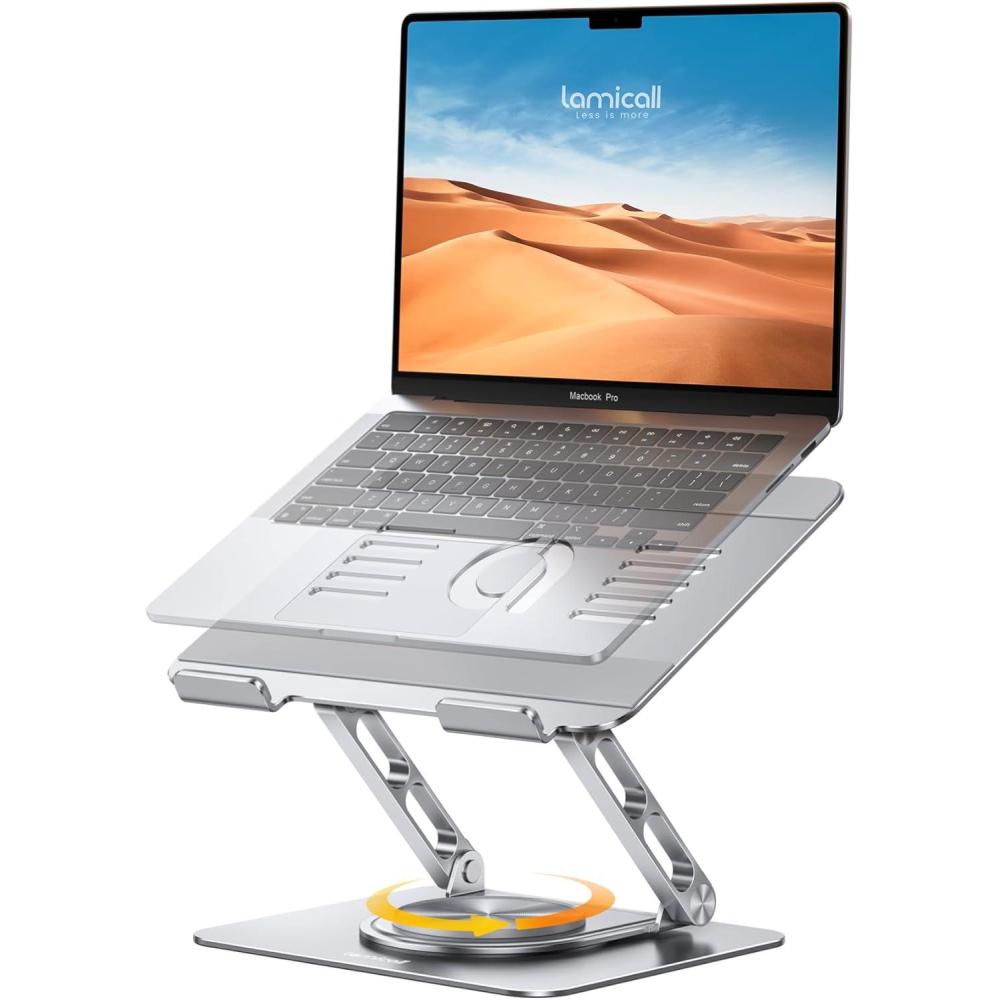 imageLamicall Adjustable Laptop Stand for Desk 360 Rotating Base Ergonomic Computer Stand Aluminum Laptop Riser Foldable Protable for Office Home fits MacBook Air Pro Dell HP 10173 BlackNEW Upgraded Silver