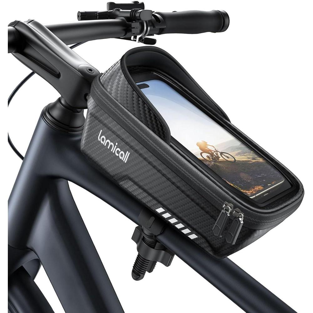 imageLamicall Bike Frame Bag Waterproof  1s Release 2 in 1 Bike Phone Mount Holder Bicycle Top Tube Bag Cycling Pouch with Rain Cover Bikes Accessories for Phones Under 7Medium