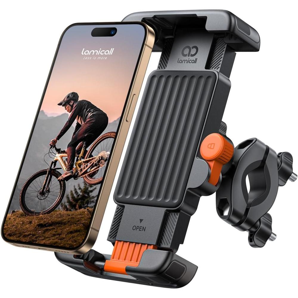imageLamicall Bike Motorcycle Phone Mount 1s Quick Lock Bike Cell Phone Holder Clip Bicycle Scooter Handlebar Clamp for iPhone Air 17 16 15 Pro Max Galaxy S25 S24 Ultra More 67 PhonesOrange