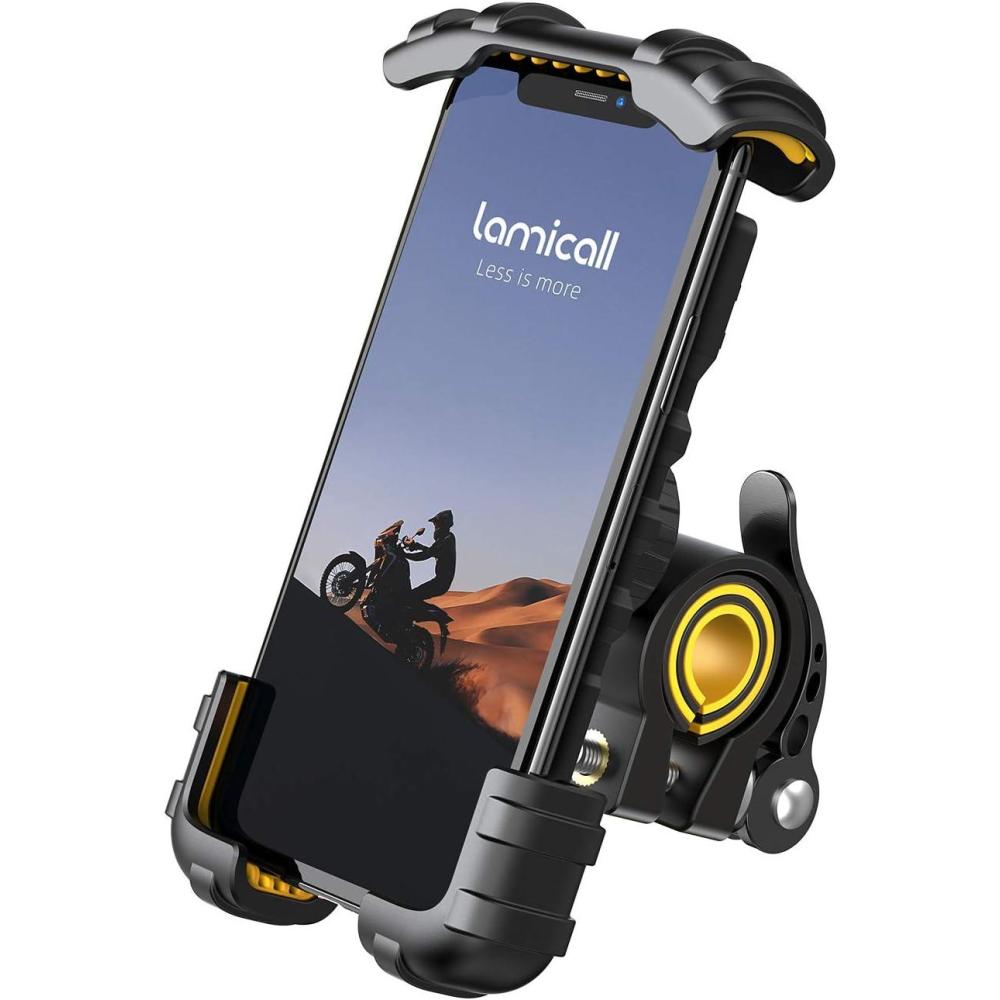 imageLamicall Bike Phone Holder Motorcycle Mount Motorcycle Phone Holder Handlebar Cell Phone Clamp Scooter Phone Clip for iPhone Air 17 Pro Max 16 15 Pro Max Plus S20 More 47 to 68 SmartphonesYellow
