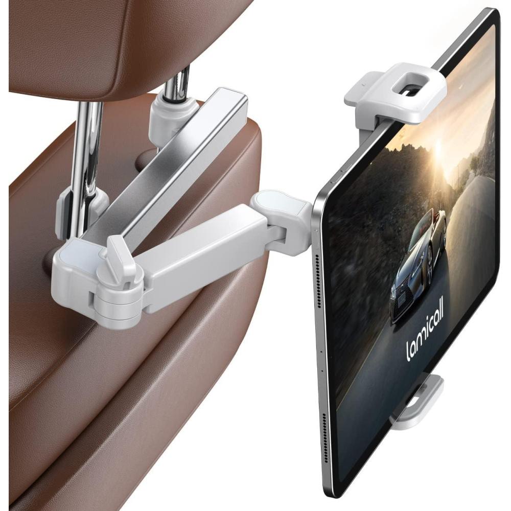 imageLamicall Car Headrest Tablet Holder 3 in 1 Extension Arm Adjustable Tablet Car Mount for Back Seat Road Trip Essentials for Kids for 4711 Device Like iPad Pro Air Mini Galaxy Fire BlackWhite