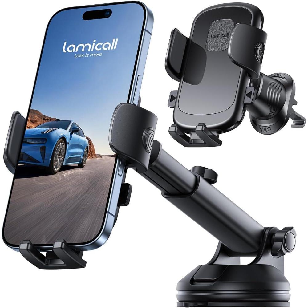 imageLamicall Car Phone Holder 3in1 Pro Version Suction Cup 360 Rotation Phone Holders for Your Car Metal Hook Cell Phone Car Mount Dashboard Vent Windshield for iPhone 17 16 15 Pro Max SmartphoneNEW Upgraded  Lucite black