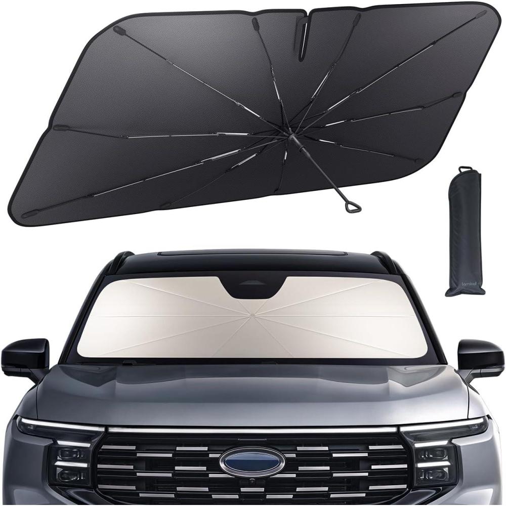 imageLamicall Car Windshield Sunshade Umbrella 5Layer UV Block 10Rib Fiberglass Frame for Heat Insulation 64x34 Front Window Interior Sun Protection for Large SUV Truck Windshield