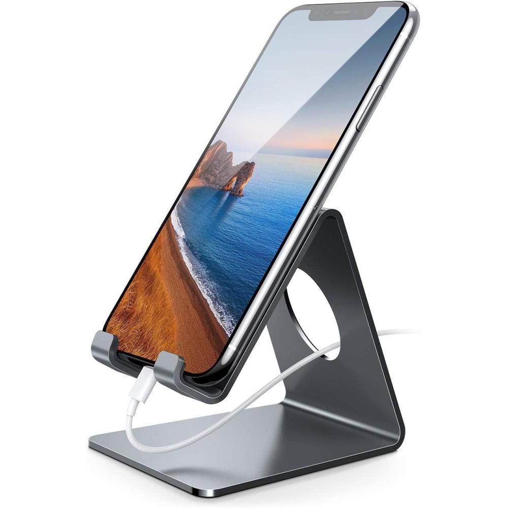 imageLamicall Cell Phone Stand Desk Phone Holder Cradle Compatible with Phone 12 Mini 11 Pro Xs Max XR X 8 7 6 Plus SE All Smartphones Charging Dock Office Desktop Accessories Silvergrey