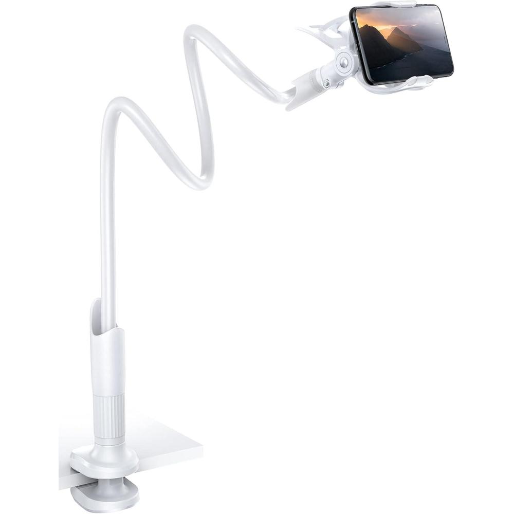 imageLamicall Gooseneck Phone Holder for Bed Cell Phone Mount Clamp Clip Flexible Long Arm Overhead Mount for Desk Headboard Bedside for iPhone Air 17 Pro Max 16 Pro Max 15 14 amp 47 PhoneWhite