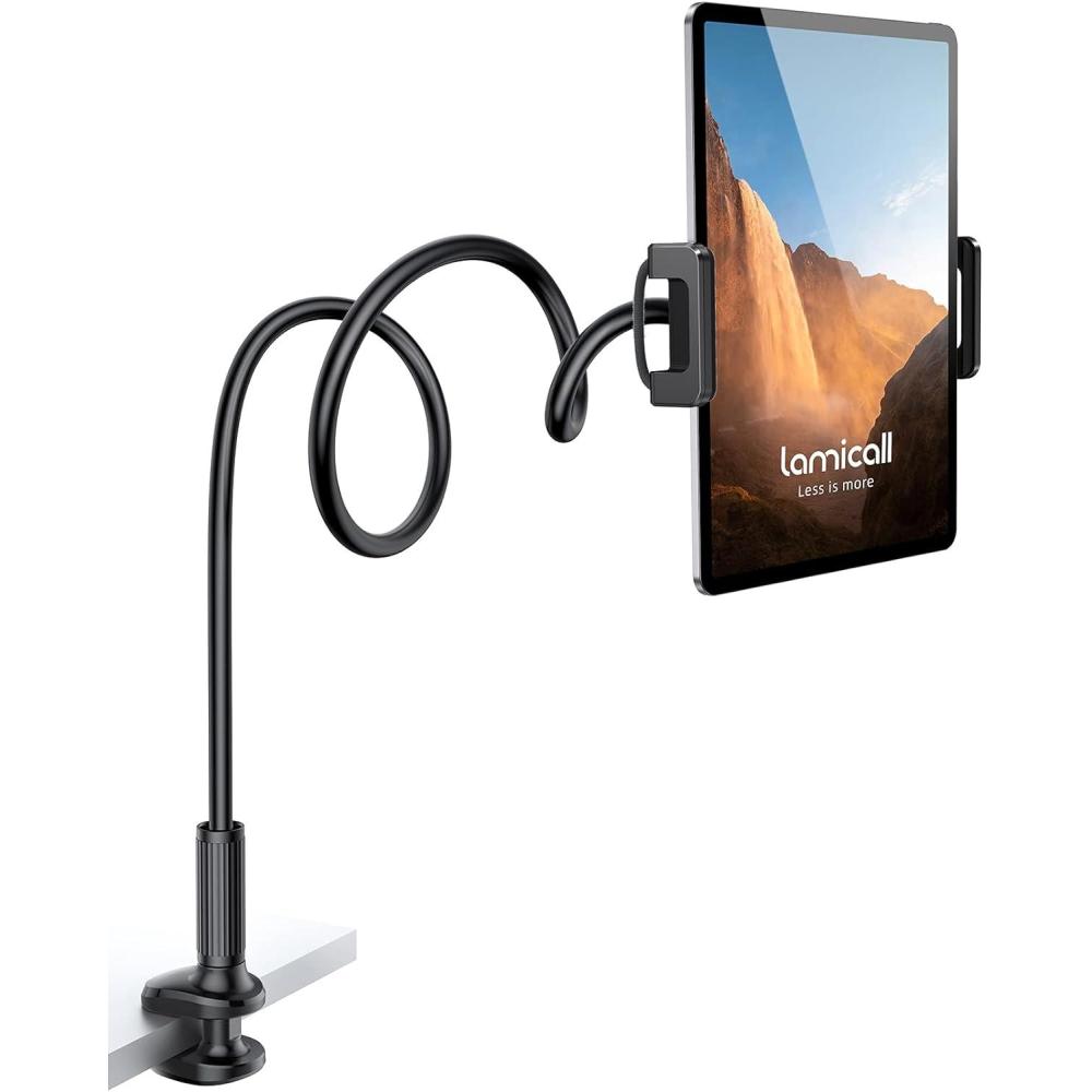 imageLamicall Gooseneck Tablet Mount Holder for Bed Flexible Tablet Arm Clamp for Bed Compatible with Pad Mini 79 Air 97 Pro 105 Kindle Switch Galaxy Tabs More 4711 Device BlackBlack