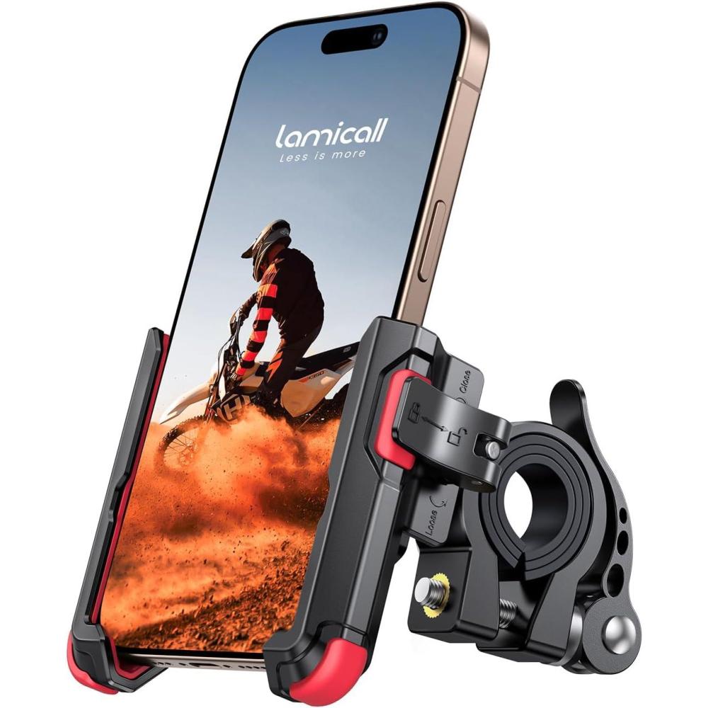 imageLamicall Motorcycle Bike Phone Mount No Block Camera 1s Lock Bike Cell Phone Holder Clamp Bicycle Scooter Handlebar Clip for iPhone 17 16 15 14 Pro Max Galaxy S25 S24 Ultra 477 PhonesRed