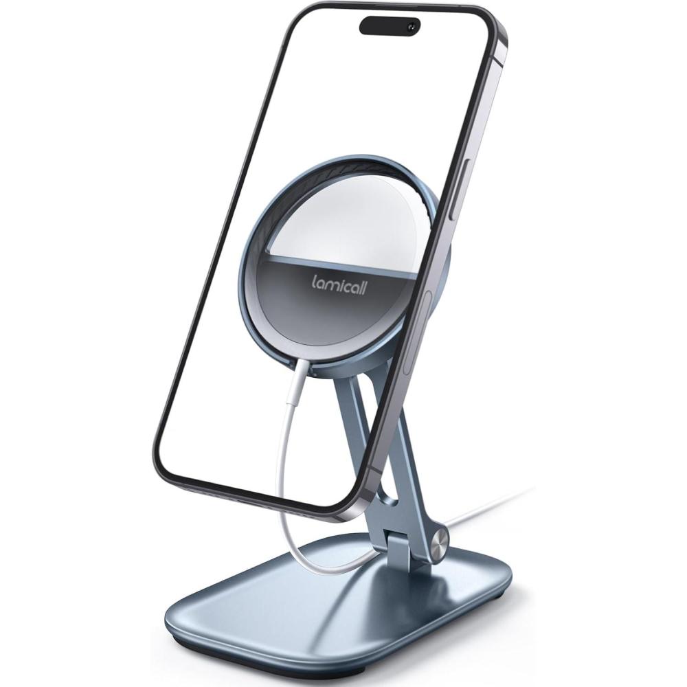 imageLamicall Phone Stand for Apple 15W MagSafe Charger Collasple Adjustable Charging Holder Dock Cradle for Desk Compatible with Airpods iPhone 16 15 14 13 12 Plus Pro Pro Max Grey Stand OnlyFor 15W Charger Old Version Grey