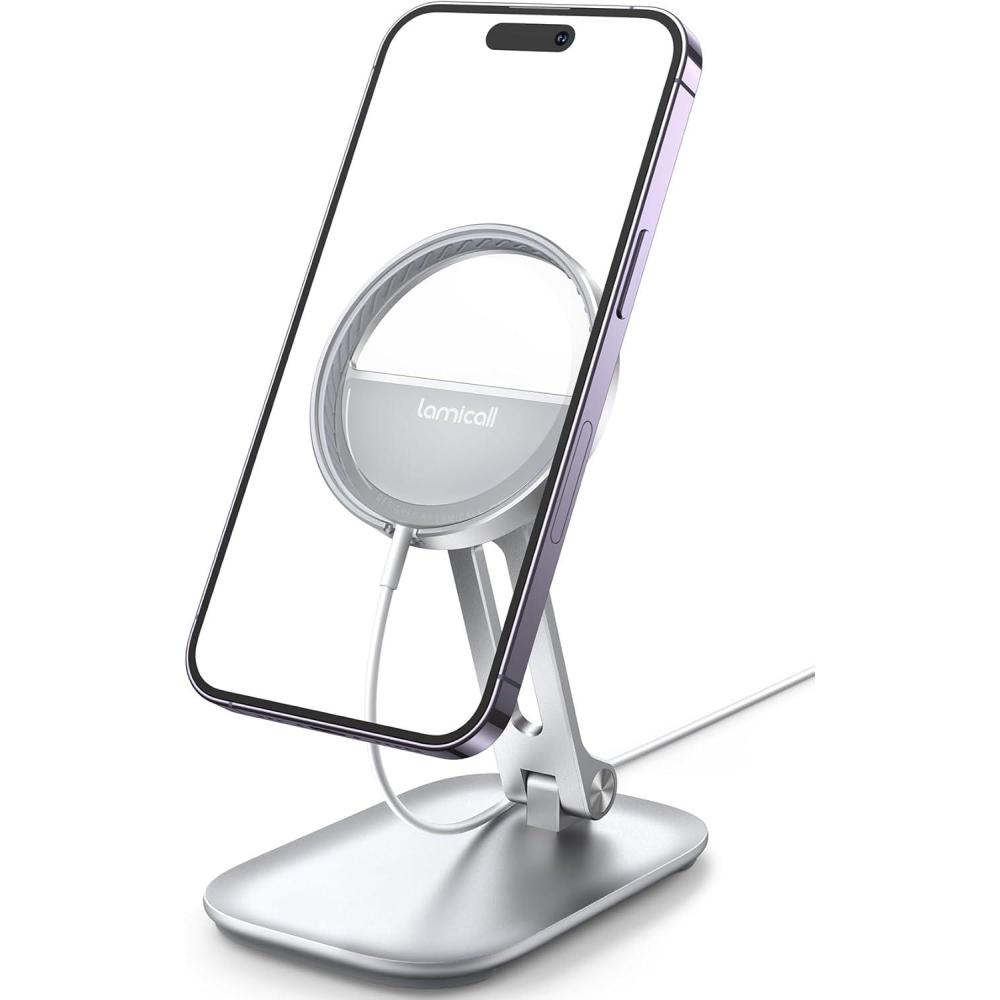 imageLamicall Phone Stand for Apple 15W MagSafe Charger Collasple Adjustable Charging Holder Dock Cradle for Desk Compatible with Airpods iPhone 16 15 14 13 12 Plus Pro Pro Max Grey Stand OnlyFor 15W Charger Old Version Silver