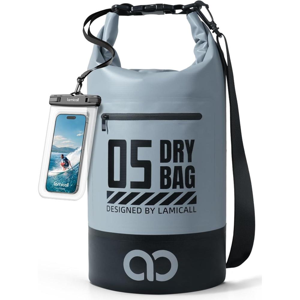 imageLamicall Small Dry Bag Waterproof Bag Durable amp Floating 5L10L20L30L40L Water Proof Bag with Waterproof Phone Pouch Keeps Gear Dry Sack for Kayak Swim Boat Paddle Boarding Hiking FishingBlueish Gray