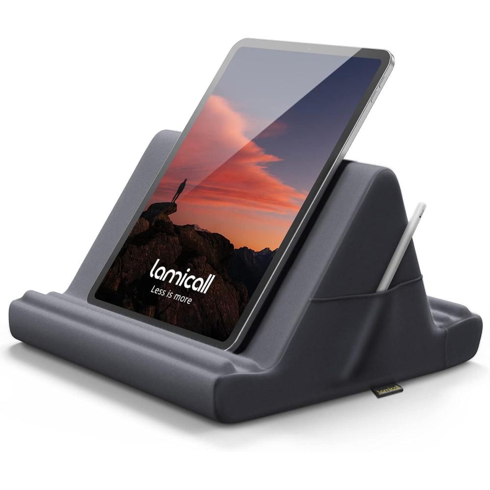 imageLamicall Tablet Pillow Holder Stand  Tablet Pillow Soft Pad Dock for Lap Bed and Desk with Pocket amp 4 Viewing Angles for iPad Pro 13 11 129 Air Mini Kindle iPhone 413 Devices BlackGray