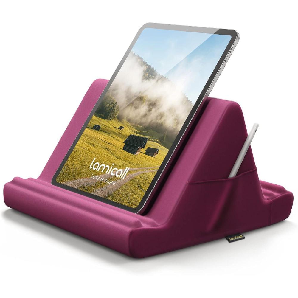 imageLamicall Tablet Pillow Holder Stand  Tablet Pillow Soft Pad Dock for Lap Bed and Desk with Pocket amp 4 Viewing Angles for iPad Pro 13 11 129 Air Mini Kindle iPhone 413 Devices BlackPurple Red