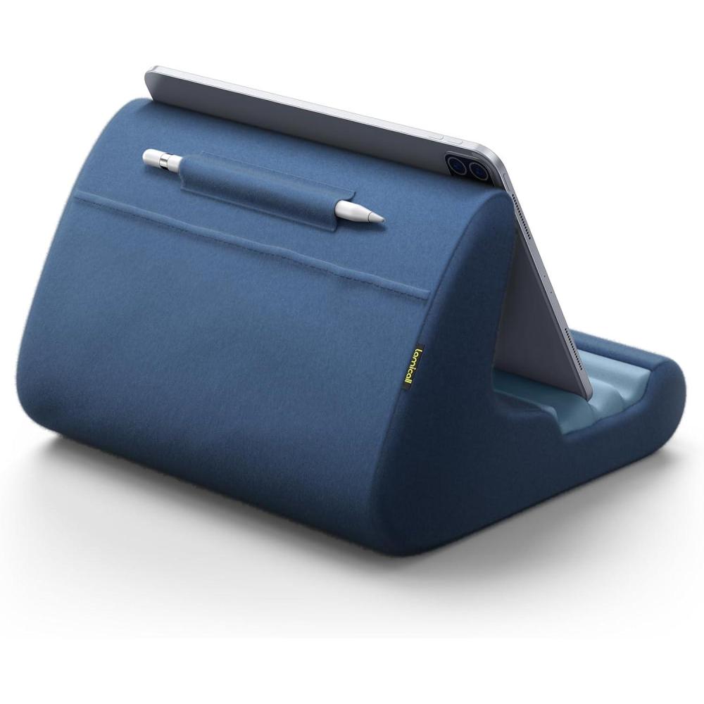 imageLamicall Tablet Stand Pillow Holder  Tablet Pillow Soft Pad for Bed Lap Phone Stand with Stylus Mount amp Pocket for iPad Pro 129 Air Mini Kindle Galaxy Tab and 413 Devices Dark GreyRoyal Blue