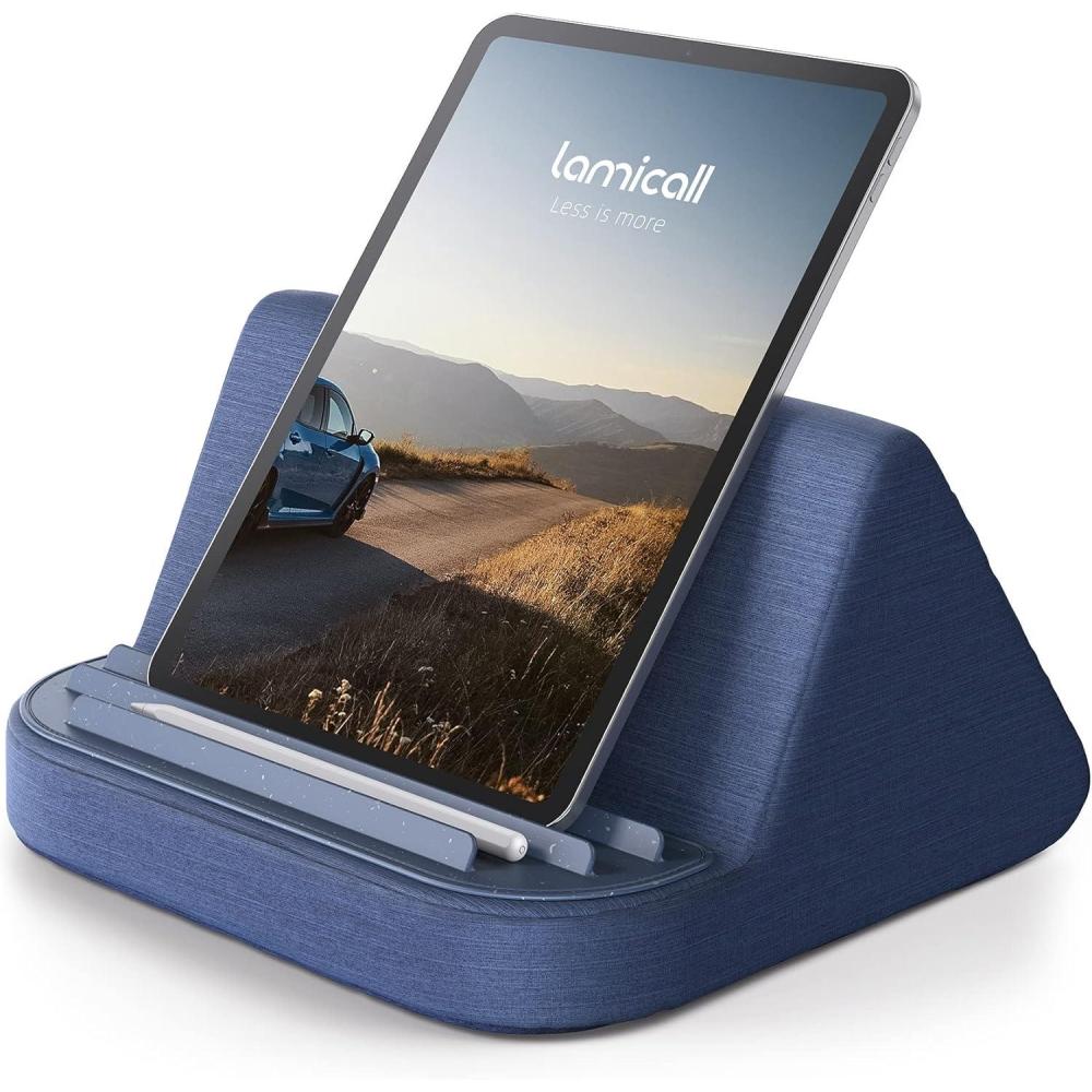 imageLamicall Tablet Stand Tablet Pillow Holder Case Friendly Tablet Pillow Soft Pad with Pocket for Lap Bed and Sofa Compatible with iPad Pro Air Mini Kindle Galaxy and More 413 Devices Blue