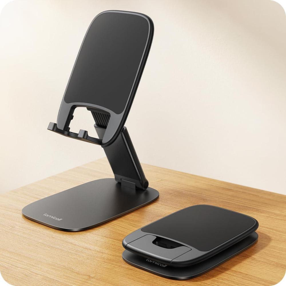 imageLamicall UltraThin Cell Phone Stand for Desk  Height Adjustable Foldable Desktop Phone Holder Portable Mobile Stand Office Desk Accessories for iPhone 17 16 15 14 13 Pro Max Air Galaxy S25 S24ABlack