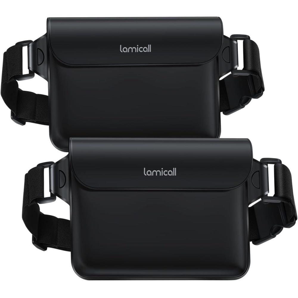 imageLamicall Waterproof Fanny Pack Pouch  2Pack 2025 Elastic Waist Strap IPX8 Dry Bags Water Proof Pouch for Swimming Beach Kayaking Cruise Ship Essentials 87 for iPhone 17 16 15 Pro Max AirBlack