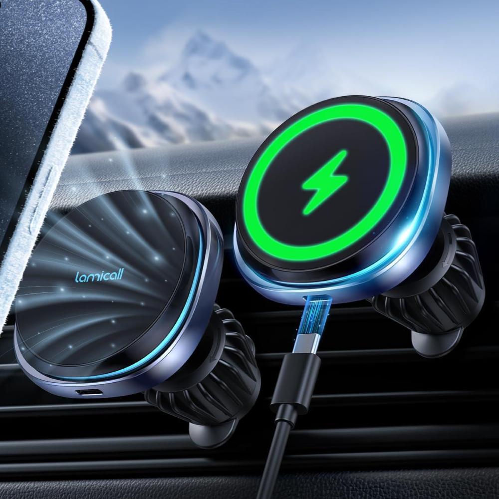 imageLamicall for Magnetic Car Mount Charger 2024 Cooling Fast Charging 15W Wireless Car Charger Hands Free Magnetic Car Phone Holder Charger Vent for iPhone 16 15 14 13 12 Pro Max Case
