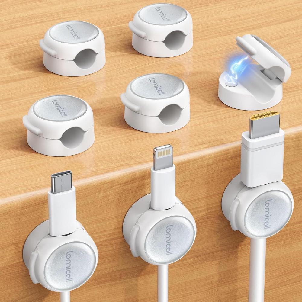 imageMagnetic Cable Clips Cord Organizer  Lamicall 8Pack CrystalClear amp Silver Shine Cable Management Holder for Phone Charging Cord Strong Adhesive for Nightstand Home Office Desk Decor Accessories Snow White