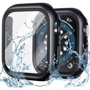 [2 Pack] Lamicall Waterproof Case for Apple Watch Series 8 41mm, Series 7 41 mm – Water Proof Apple Watch Face Cover, 9H HD Tempered Glass Screen Protector + Full Protective Bumper for iWatch/Black