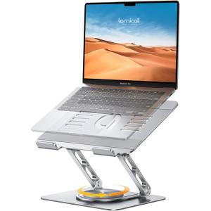Lamicall Adjustable Laptop Stand for Desk – 360 Rotating Base Ergonomic Computer Stand, Aluminum Laptop Riser Foldable Protable for Office Home fits MacBook Air Pro, Dell, HP (10-17.3”) – Black(NEW Upgraded – Silver)
