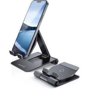 Lamicall Aluminum Metal Adjustable Cell Phone Stand Desk – Heavy Duty Aluminum Metal Foldable Desktop Phone Holder, Cradle, Dock, for iPhone 16 15 14, Plus, Pro, Pro Max, 13 12 X XS,4-11” Phone Grey(Black)