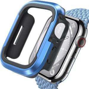 Lamicall Aluminum Rugged Screen Protector Case Armor Designed for Apple Watch 45mm/44mm, Bumper Metal Watch Case, Protective Armor Cover [No Screen Protector] Blue 9H Tempered Glass