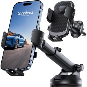 Lamicall Car Phone Holder [3-in-1 Pro Version Suction Cup] 360° Rotation Phone Holders for Your Car [Metal Hook] Cell Phone Car Mount Dashboard Vent Windshield for iPhone 17 16 15 Pro Max Smartphone(Black)