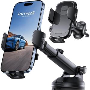 Lamicall Car Phone Holder [3-in-1 Pro Version Suction Cup] 360° Rotation Phone Holders for Your Car [Metal Hook] Cell Phone Car Mount Dashboard Vent Windshield for iPhone 17 16 15 Pro Max Smartphone(NEW Upgraded – Lucite black)