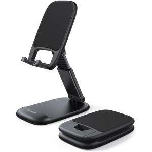 Lamicall Cell Phone Stand for Desk – [Height Adjustable] Foldable Mobile Phone Holder, Portable Stand for iPhone 17 16 15 14 13 12 11 Pro Max Plus Air, Galaxy S25 S24, Telephone, Office Accessories(1-Black)
