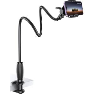Lamicall Gooseneck Phone Holder for Bed – 360 Adjustable Clamp Clip, Overhead Cell Phone Mount Stand for Desk, Compatible with All Cellphone, White(black)