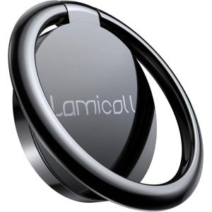Lamicall Silver Cell Phone Ring Finger Stand – Phone Ring Grip Holder Kickstand, Metal Grip Hook Work with Magnetic Car Mount, Compatible with iPhone 16 15 Pro Max Plus XR, Smartphone Accessories(Black-01)
