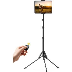 Lamicall Tablet Floor Tripod Stand – 64.9″ Tablet Holder Mount with Adjustable Height for Stream/Watching with Bluetooth Remote, for iPad Pro 12.9, Mini, Air, iPhone and 4.7-13″ Tablet and Cellphone