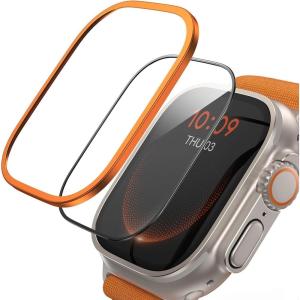 Lamicall for Apple Watch Ultra Screen Protector – Titanium Bumper Frame Case Cover, 2Pack Tempered Glass Film [Sensitive Touch] for iWatch Ultra 49mm, Orange