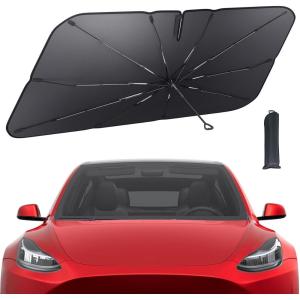 Tesla Model 3/Y Windshield Sunshade – 2025 Upgrade Foldable Sunshade Umbrella, 5-Layer UV Block, 10-Rib Frame, Fits Tesla Model 3/Y (2017-2025) Interior Sun Protection, Tesla Accessories