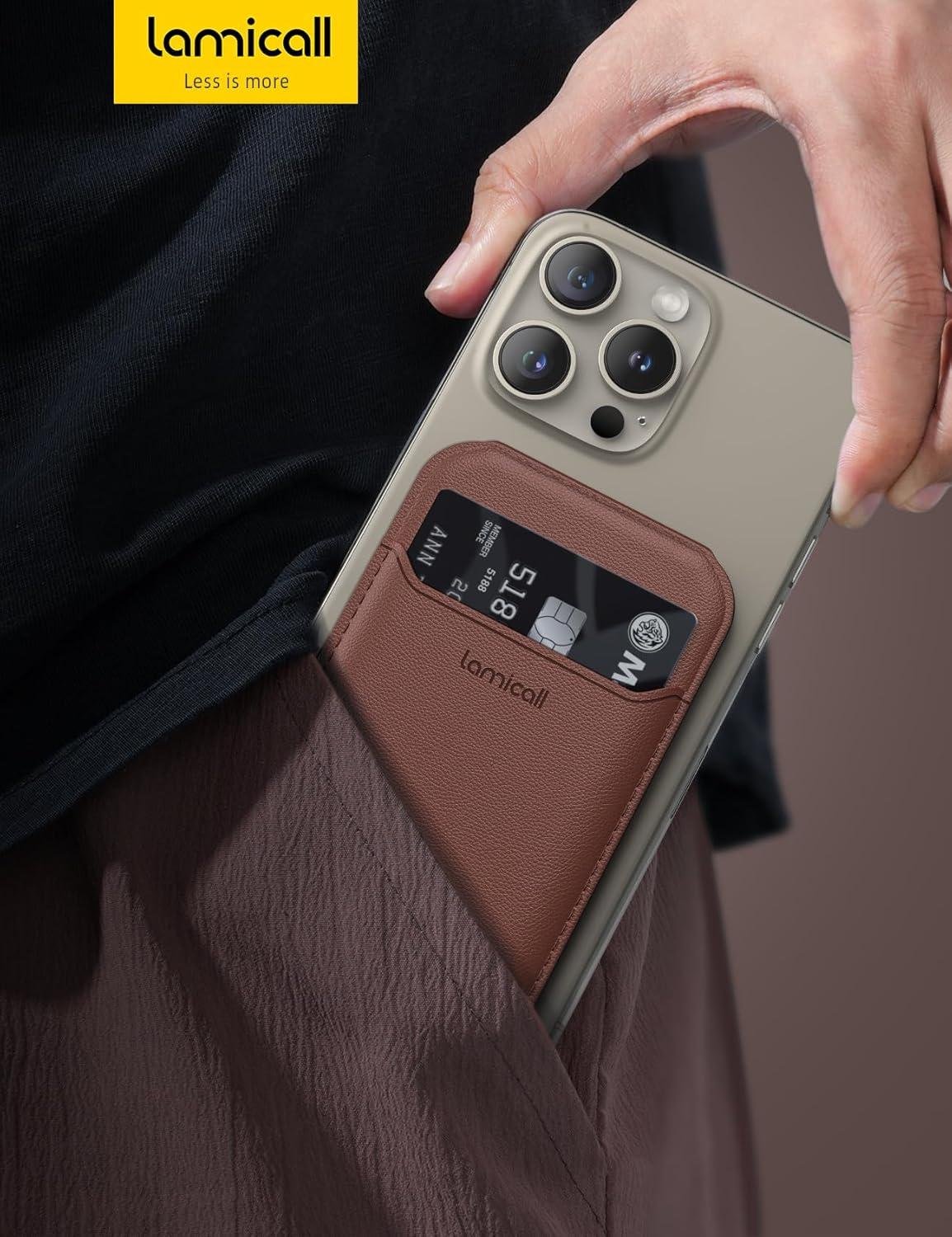 imageLamicall 23oz Light for Magsafe Wallet Stand Slim Tight Phone 3 Cards Holder Adjustable Apple iPhone Wallet Stand 25lbs Magnetic for iPhone 16151413 Series Brown Red