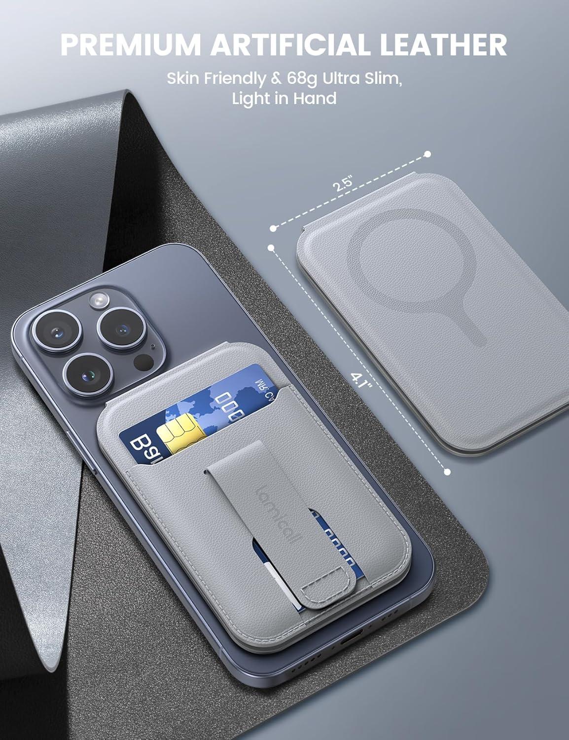 imageLamicall 24oz Light for MagSafe Wallet Magnetic Phone Stand Slim Faux Leather Grip with 3 Card Holder and Finger Loop Grip for iPhone 15141312 Series Grey