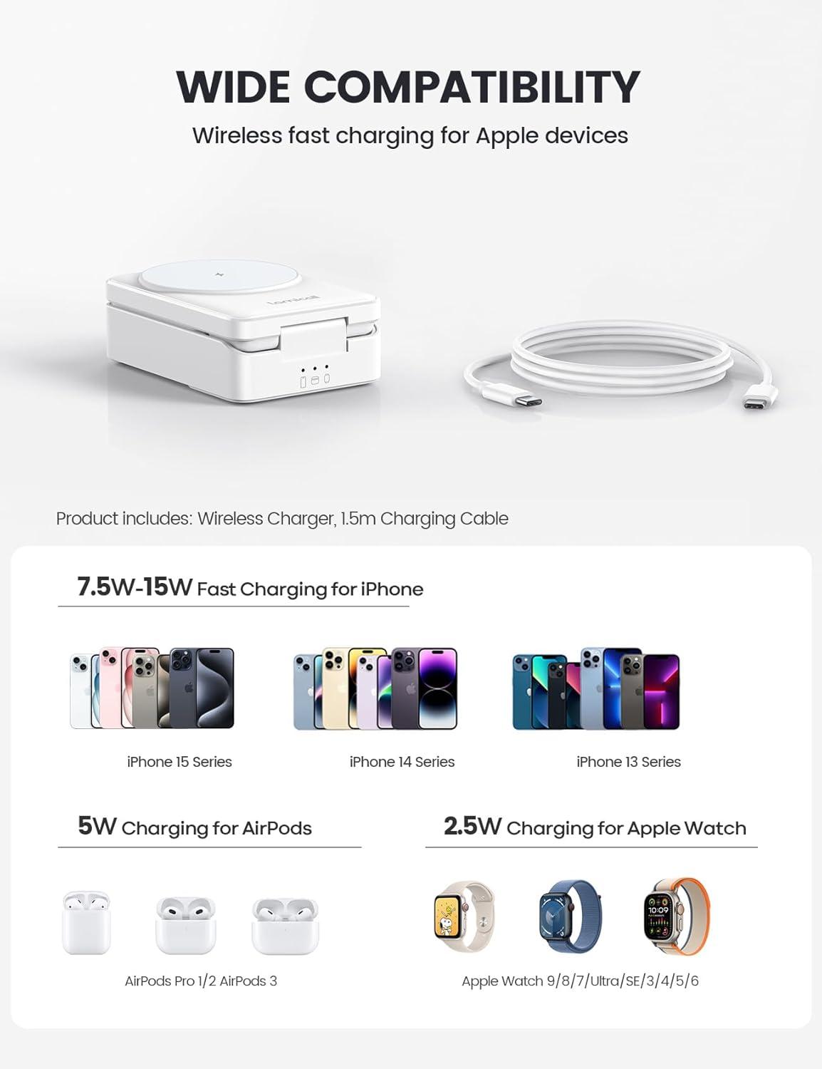 imageLamicall 3 in 1 Compact Wireless Charging Station for Apple Magsafe Safe Cooling Foldable Travel Magnetic Charger Stand for iPhone 17 Air 16 15 14 13 12 Series Airpods Pro Apple Watch UltraSnow white