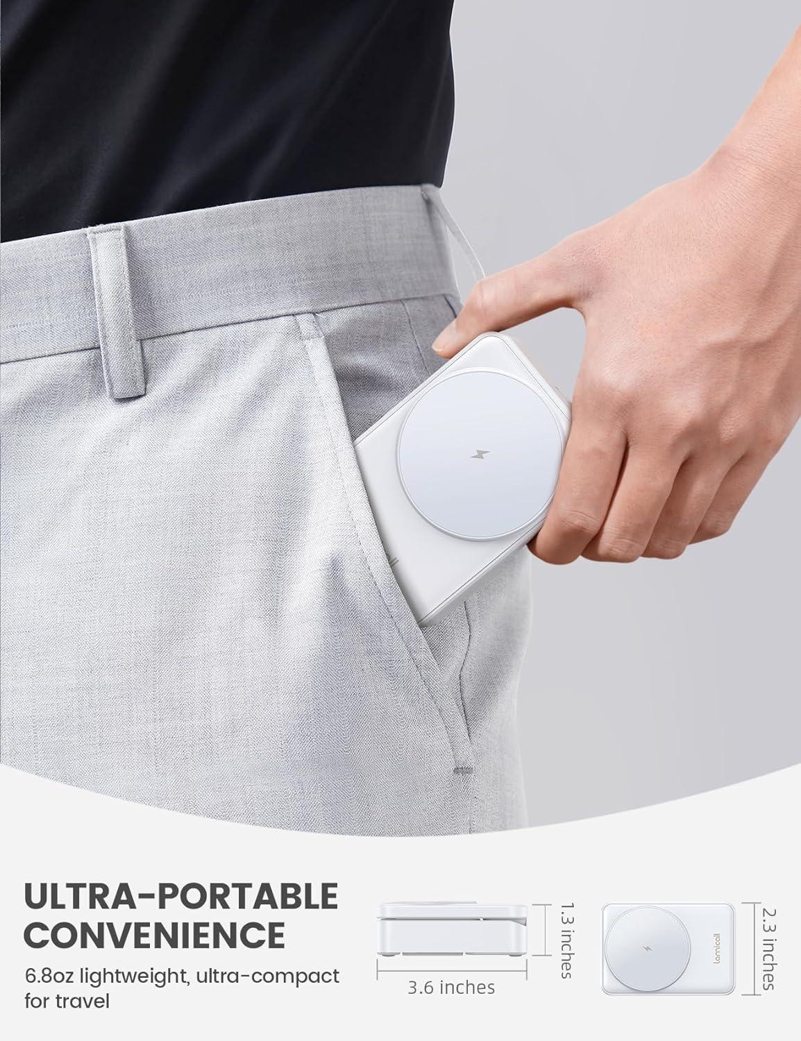 imageLamicall 3 in 1 Wireless Charging Station for Apple Magsafe Charger Stand Compact Safe Cooling Foldable Travel Magnetic Charger for iPhone 17 Air 16 15 14 13 12 Series Airpods Pro Apple WatchWhite