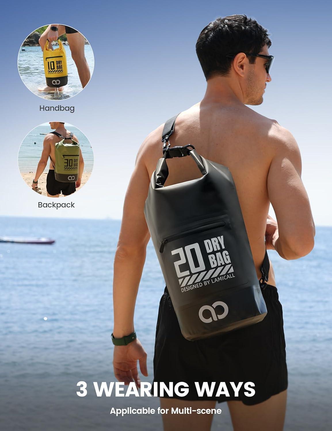 imageLamicall 30L amp 5L Dry Bag Waterproof Backpack Zippered Pocket Roll Top Waterproof Bag Blueish Gray amp Black