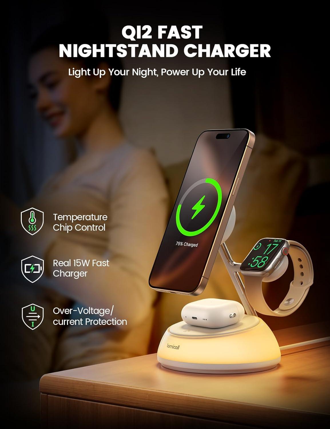imageLamicall 4in1 Qi2 Certified Wireless Charging Station for Apple MagSafe LED Night Light 15W Fast Magnetic Charger Stand for iPhone 17 16 15 14 13 12 Series Apple Watch Airpods 30W AdapterWhite