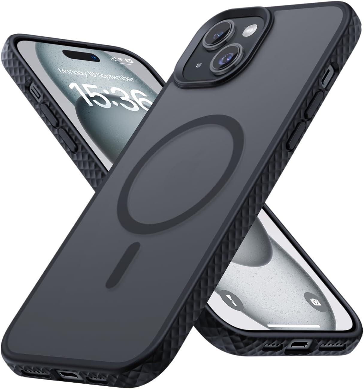 imageLamicall Magnetic Case for iPhone 15 Pro for Magsafe Diamond Textured AntiSlip Edge Military Grade Shockproof Protection Translucent Hard Slim Magnet Protective Cover for iPhone 15 ProBlack