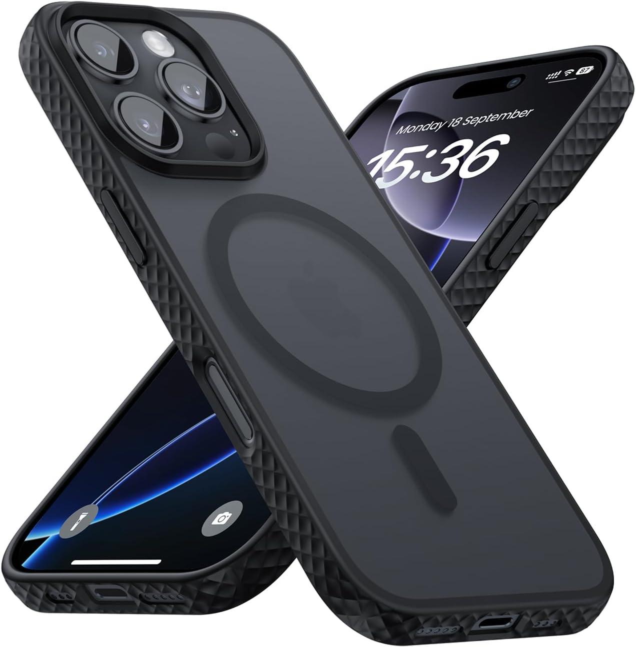 imageLamicall Magnetic Case for iPhone 15 Pro for Magsafe Diamond Textured AntiSlip Edge Military Grade Shockproof Protection Translucent Hard Slim Magnet Protective Cover for iPhone 15 ProBlack