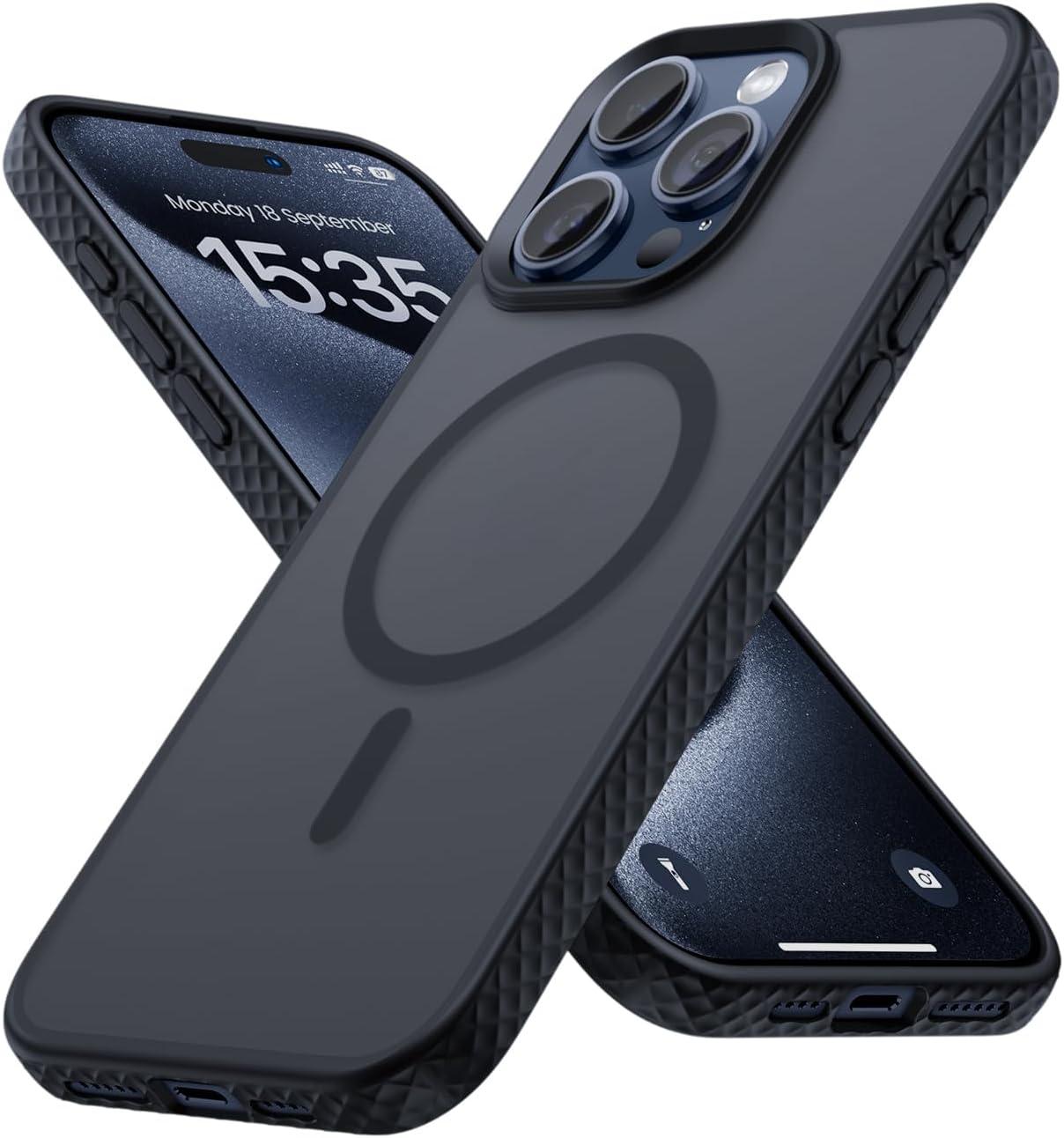 imageLamicall Magnetic Case for iPhone 15 Pro for Magsafe Diamond Textured AntiSlip Edge Military Grade Shockproof Protection Translucent Hard Slim Magnet Protective Cover for iPhone 15 ProBlack