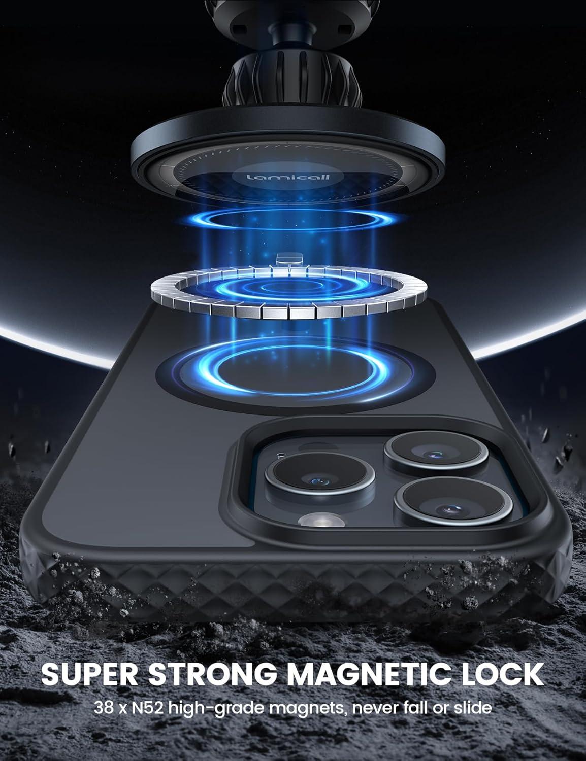 imageLamicall Magnetic Case for iPhone 15 Pro for Magsafe Diamond Textured AntiSlip Edge Military Grade Shockproof Protection Translucent Hard Slim Magnet Protective Cover for iPhone 15 ProBlack