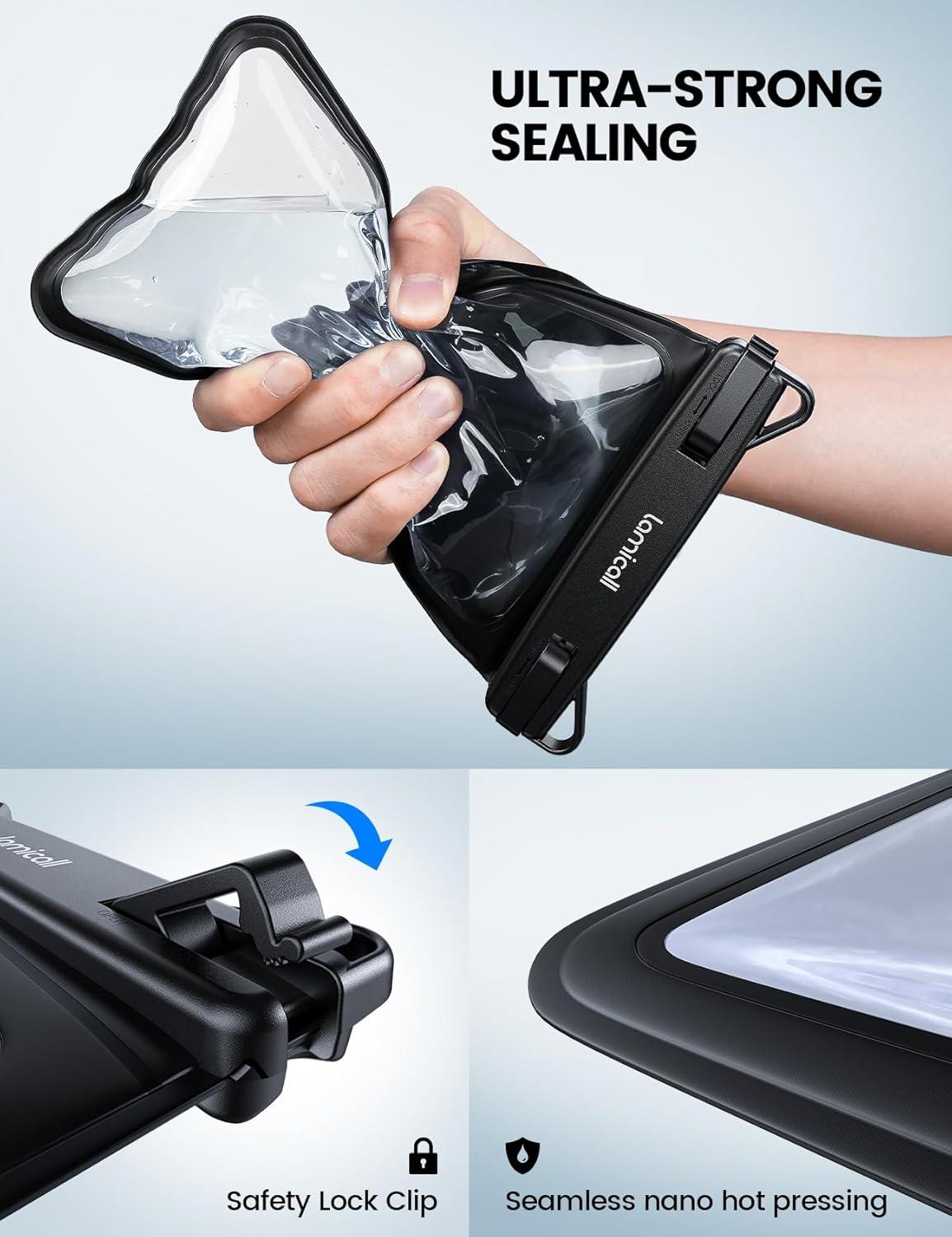 imageLamicall Waterproof Phone Pouch Case Double Space IPX8 Water Proof Cell Phone Dry Bag with Lanyard Beach Cruise Ship Essentials for iPhone 17 16 15 14 13 Pro Max Air Plus Galaxy S25 S24 475Black