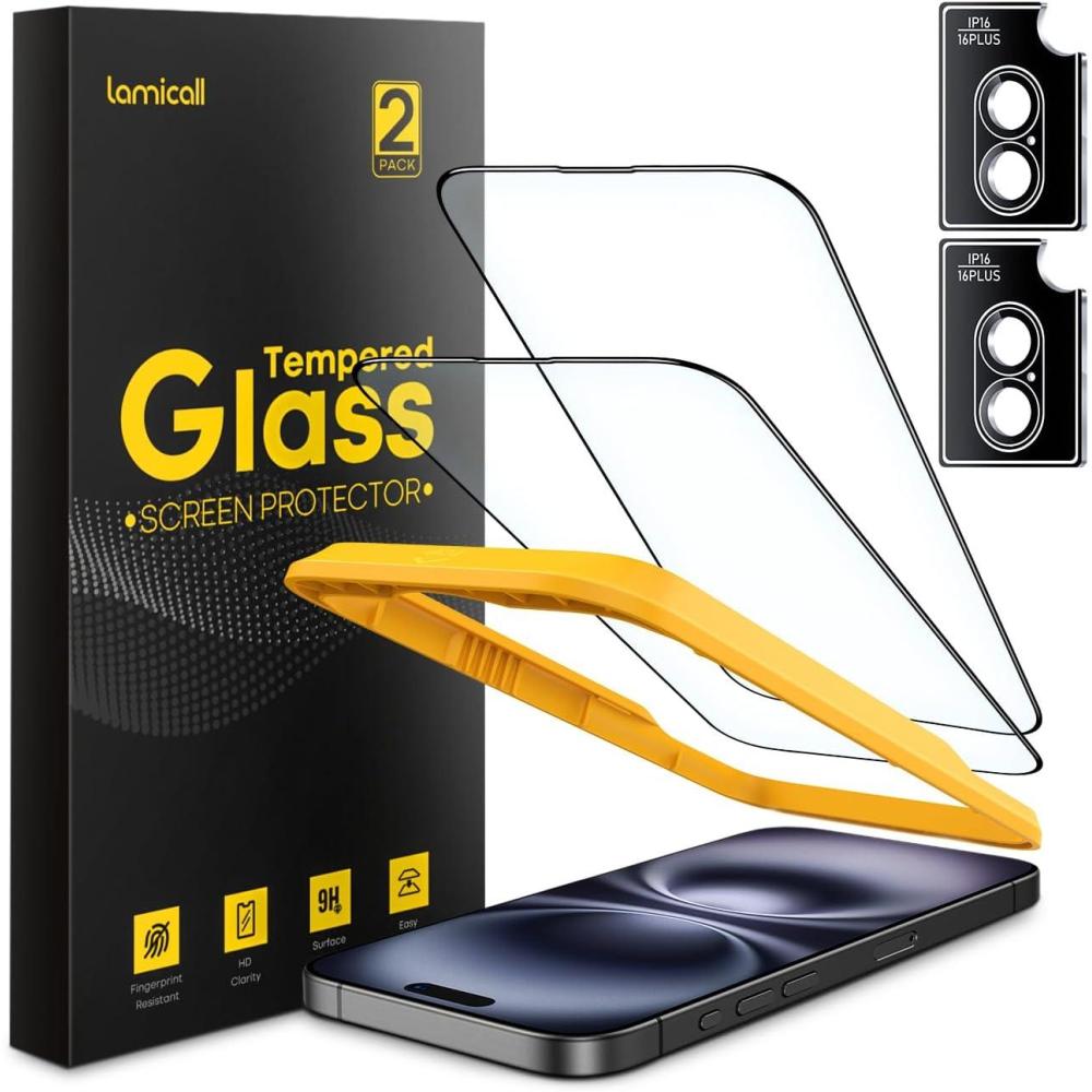 imageLamicall 22 for iPhone 16 Screen Protector 61 with Camera Lens Protector Top 9H Tempered Glass Film Easy Alignment Tool AntiScratch 0 Bubbles HD Clear for iPhone 16 2Pack Each16 Plus67