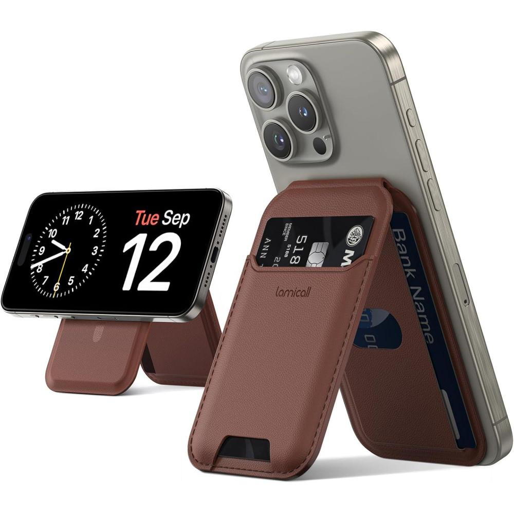 imageLamicall 23oz Light for Magsafe Wallet Stand Slim Tight Phone 3 Cards Holder Adjustable Apple iPhone Wallet Stand 25lbs Magnetic for iPhone 16151413 Series Brown Red