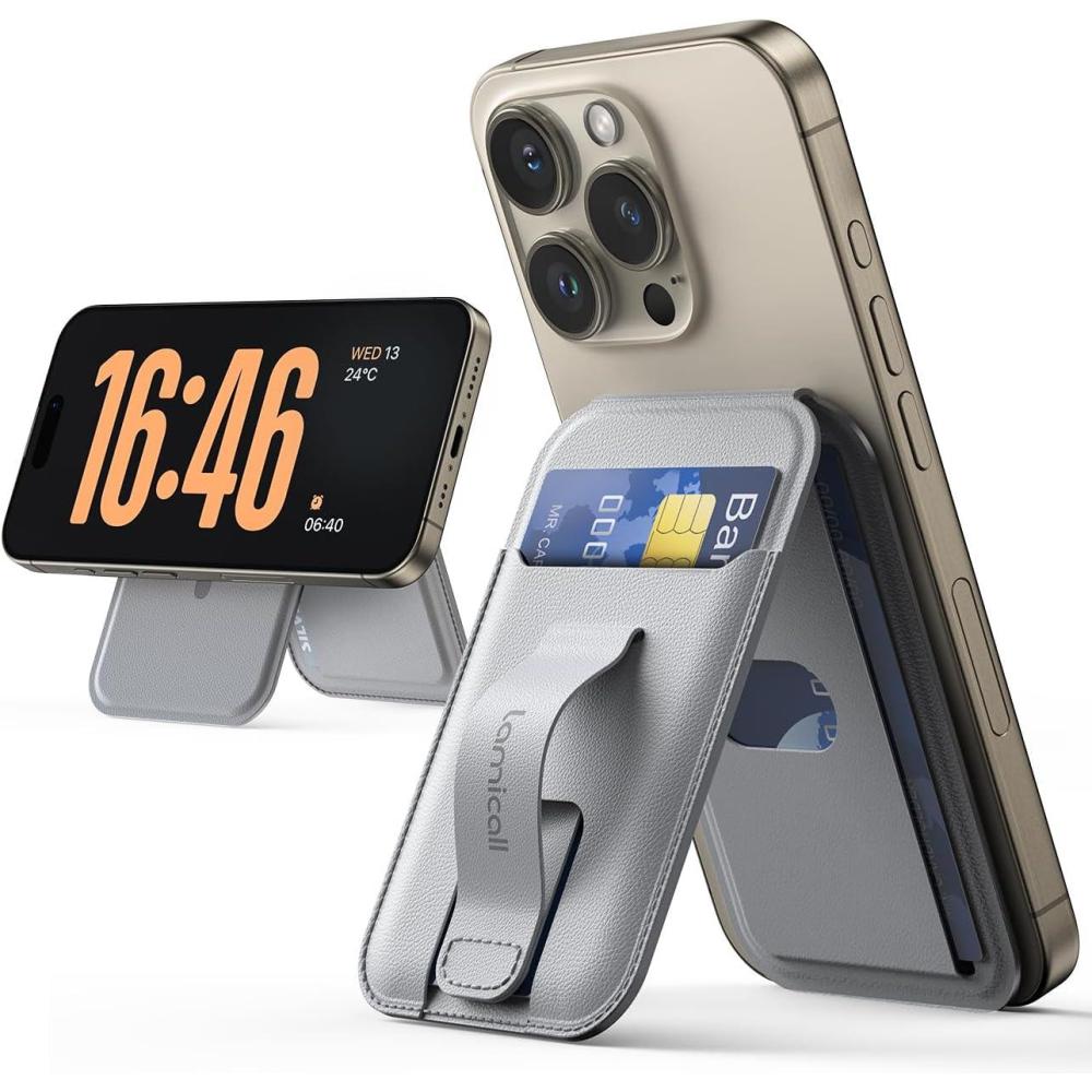 imageLamicall 24oz Light for MagSafe Wallet Magnetic Phone Stand Slim Faux Leather Grip with 3 Card Holder and Finger Loop Grip for iPhone 15141312 Series Grey
