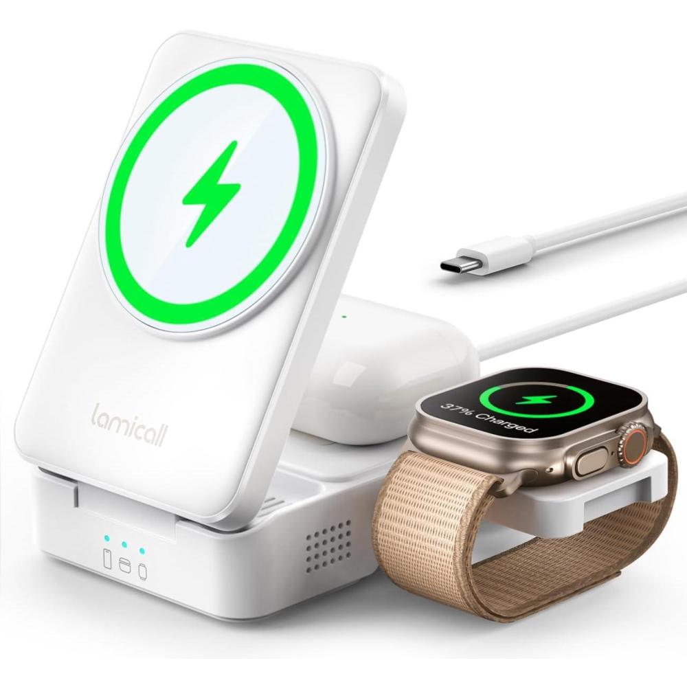 imageLamicall 3 in 1 Compact Wireless Charging Station for Apple Magsafe Safe Cooling Foldable Travel Magnetic Charger Stand for iPhone 17 Air 16 15 14 13 12 Series Airpods Pro Apple Watch UltraSnow white