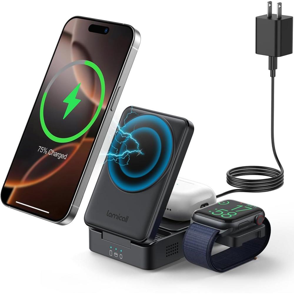 imageLamicall 3 in 1 Wireless Charging Station for Apple Magsafe Charger Stand Compact Safe Cooling Foldable Travel Magnetic Charger for iPhone 17 Air 16 15 14 13 12 Series Airpods Pro Apple WatchBlack